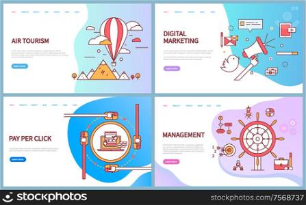 Air tourism, digital marketing, pay per click and management web pages decorated by airballoon and gadgets. Website with icons of work and travel vector. Website template landing page in flat. Air tourism, Digital Marketing, Management Vector