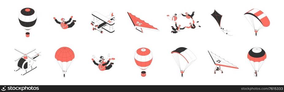 Air tourism isometric icons set with people doing parachuting hang gliding flying plane 3d isolated vector illustration