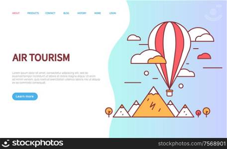 Air tourism web page decorated by flat air-balloon, mountain and clouds. Website with icons of journey, nature and sky transport, design of screen vector. Template landing page in flat. Air Tourism Website with Sky Transport Vector