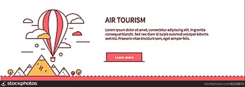 Air tourism web page design flat. Balloon travel, flight transportation, colorful air basket, vacation freedom, fly journey, adventure high, airship and nature vector illustration