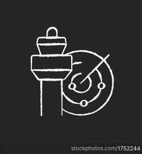 Air traffic control chalk white icon on black background. Radar and control tower. Air traffic controller profession. Silhouette symbol on white space. Isolated vector chalkboard illustration. Air traffic control chalk white icon on black background