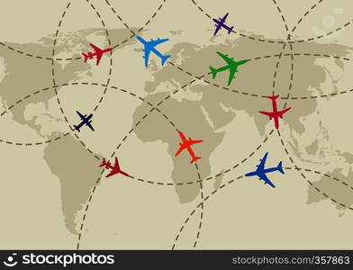 Air traffic on the world map background, simple design