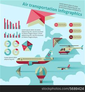 Air transport flat infographic set with airplane helicopter hot air balloon vector illustration