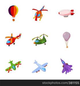 Air transport icons set. Cartoon illustration of 9 air transport vector icons for web. Air transport icons set, cartoon style