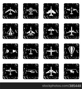 Air transport icons set. Grunge illustration of 16 air transport vector icons for web. Air transport icons set, grunge style