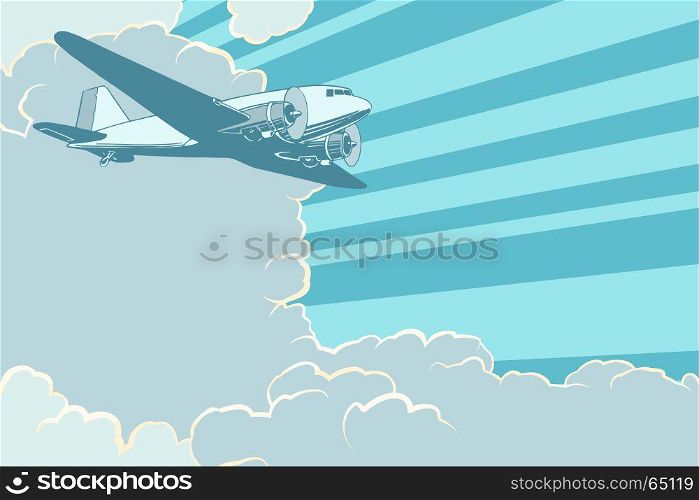 Air transport is flying in the sky plane, retro style. Airplane aviation travel voyage tourism air transport. Pop art retro vector illustration. Air transport is flying in the sky plane, retro style