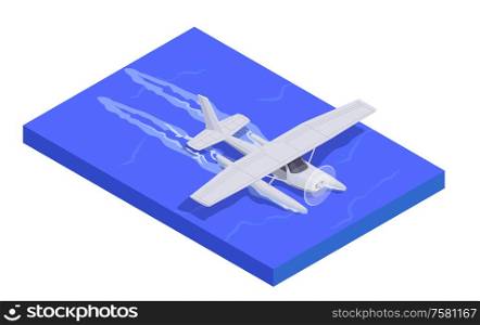 Air transport isometric composition with jet landing on water 3d vector illustration