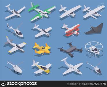 Air transport isometric icons set with small planes helicopters and drones isolated on blue background 3d vector illustration