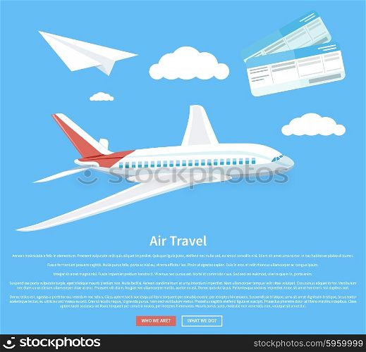 Air travel concept flying plane. Airplane and business travel, airline and air ticket, aircraft and transportation, aviation and cloud, tourism and journey, airliner illustration