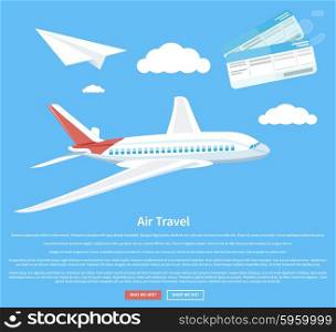 Air travel concept flying plane. Airplane and business travel, airline and air ticket, aircraft and transportation, aviation and cloud, tourism and journey, airliner illustration