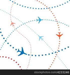 Air travel. Dotted lines are flight paths of commercial airline passenger jets flying in air traffic.