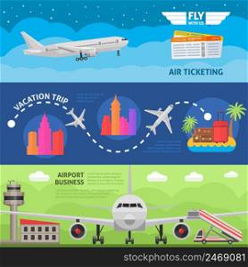 Air travel horizontal banners set with ticket service vacation trip airport business isolated vector illustration. Air Travel Horizontal Banners Set