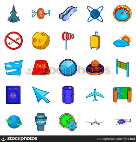 Air travel icons set. Cartoon set of 25 air travel vector icons for web isolated on white background. Air travel icons set, cartoon style