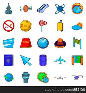 Air travel icons set. Cartoon set of 25 air travel vector icons for web isolated on white background. Air travel icons set, cartoon style