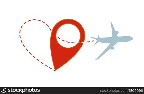 Air travel. Plane silhouette with heart path and destination icon. Flying airplane with contour dotted trace in love form card design, journey or romantic message concept, vector isolated illustration. Air travel. Plane silhouette with heart path and destination icon. Flying airplane with trace in love form card design, journey or romantic message concept, vector isolated illustration