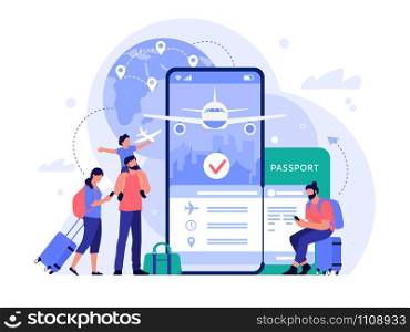 Air travel ticket buying app. People buying tickets online, phone booking service for tourism and vacation, travel concept vector illustration. Tourists with luggage making flight reservation. Air travel ticket buying app. People buying tickets online, phone booking service for tourism and vacation, travel concept vector illustration. Flight search tool. Tourists making reservation