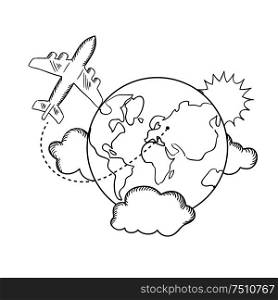 Air travel with flying airplane and earth globe with clouds and sun. Travel concept, sketch style. Air travel around the earth, sketch
