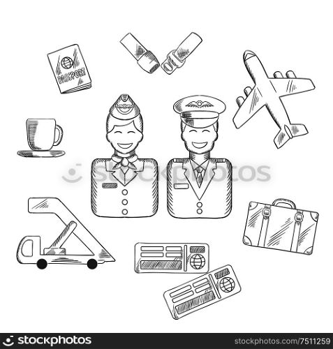 Air traveling and aviation sketch icons with smiling stewardess and pilot in uniform, surrounded by passport and suitcase, plane and seat belt, tickets and cup of coffee symbol. Vector sketch. Air traveling and aviation icons set
