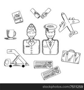Air traveling and aviation sketch icons with smiling stewardess and pilot in uniform, surrounded by passport and suitcase, plane and seat belt, tickets and cup of coffee symbol. Vector sketch. Air traveling and aviation icons set