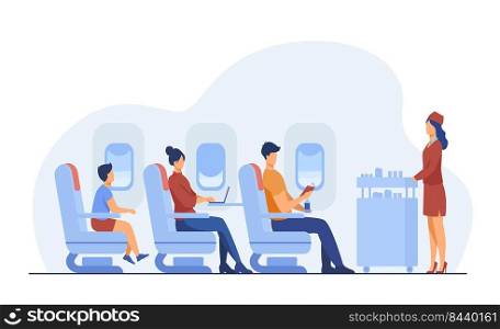 Air trip with comfort flat vector illustration. Passengers waiting for airline meal. People travelling by plane and sitting near airplane window. Airline, tourism and journey concept.