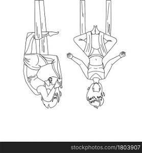 Air Yoga Training Exercise Girls Couple Black Line Pencil Drawing Vector. Young Women Exercising Air Yoga Together, Ladies Flying In Anti-gravity Hammock. Athlete Sport Activity Illustration. Air Yoga Training Exercise Girls Couple Vector