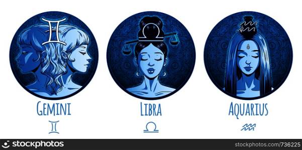 Air zodiac set, beautiful girls, Gemini, Libra, Aquarius, horoscope symbol, star sign, vector illustration