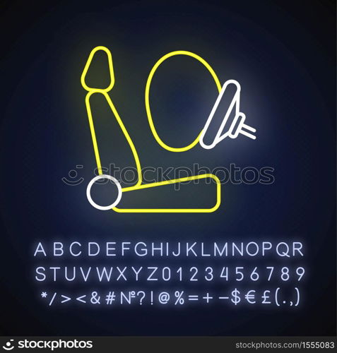 Airbag neon light icon. Accident protection, safety precaution. Outer glowing effect. Sign with alphabet, numbers and symbols. Life insurance, injury prevention. Vector isolated RGB color illustration. Airbag neon light icon