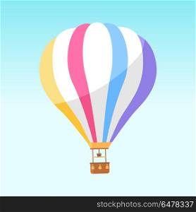 Airballoon with Colorful Stripes Icon Isolated. Airballoon with colorful stripes icon isolated on white. Vector illustration of big object for travelling by air and watching scenic landscapes with basket for people. Air means of transportation