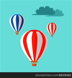 Airballoons flying in the blue sky vector illustration. Three colorful ballons fly among clouds. Air transportation symbols in flat design. Journey on hotair device concept, Taiwan means of transport. Airballoons Flying in Blue Sky Vector Illustration