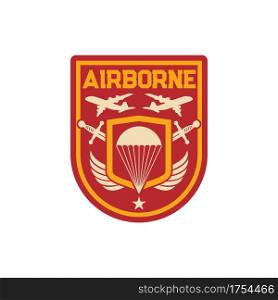 Airborne special division chevron, parachuting skydiving aviation forces isolated patch on uniform with parachute, airplanes, shield with eagle wings and crossed swords. Shield with armed amour weapon. Military chevron airborne special division squad