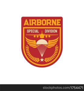 Airborne special division isolated military chevron, parachuting skydiving aviation forces patch on uniform isolated. Vector shield with parachute on eagle wings, olive branches and military plane. Military chevron airborne special division squad