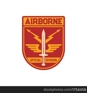 Airborne special division isolated military chevron, patch on uniform. Vector army air squad, emblem with sword, eagle wings and thunder. Parachuting skydiving aviation forces, shield with armed amour. Military chevron airborne special division squad