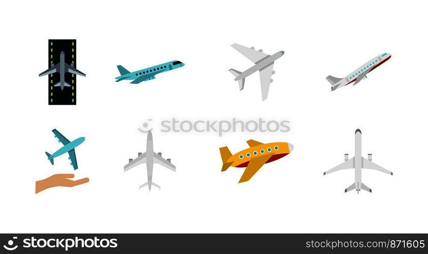 Airbus icon set. Flat set of airbus vector icons for web design isolated on white background. Airbus icon set, flat style
