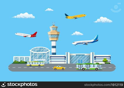 Aircraft above the ground. Airport control tower, terminal building and parking area. Road with bus and taxi. Sky with clouds and sun. Vector illustration in flat style. Aircraft above the ground.