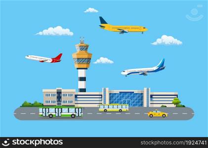 Aircraft above the ground. Airport control tower, terminal building and parking area. Road with bus and taxi. Sky with clouds and sun. Vector illustration in flat style. Aircraft above the ground.