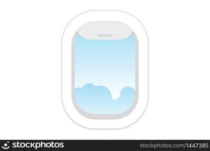 Aircraft, airplane windows with cloudy blue sky outside.