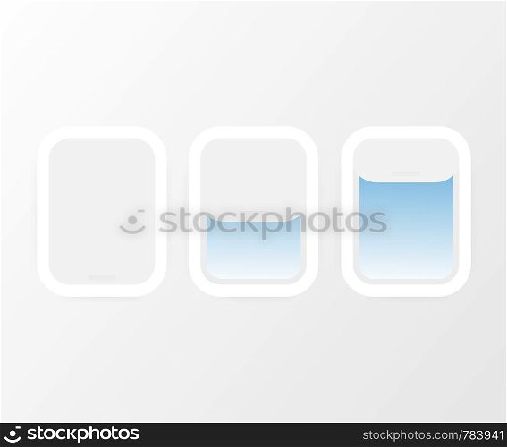 Aircraft, airplane windows with cloudy blue sky outside. Travel or tourism concept. Vector stock illustration