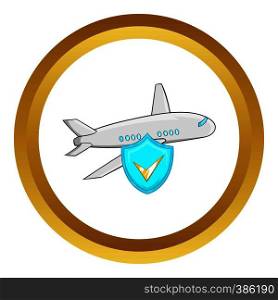 Aircraft and sky blue shield with tick vector icon in golden circle, cartoon style isolated on white background. Aircraft and sky blue shield with tick vector icon