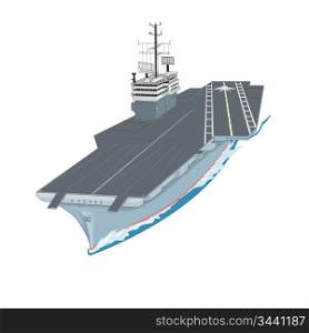 Aircraft carrier floating on waves with plane flying up from it a vector illustration
