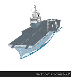 Aircraft carrier floating on waves with plane flying up from it a vector illustration