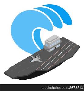 Aircraft carrier icon isometric vector. Military ship with fighter aircraft icon. Warship, navy, storm wave, natural disaster. Aircraft carrier icon isometric vector. Military ship with fighter aircraft icon