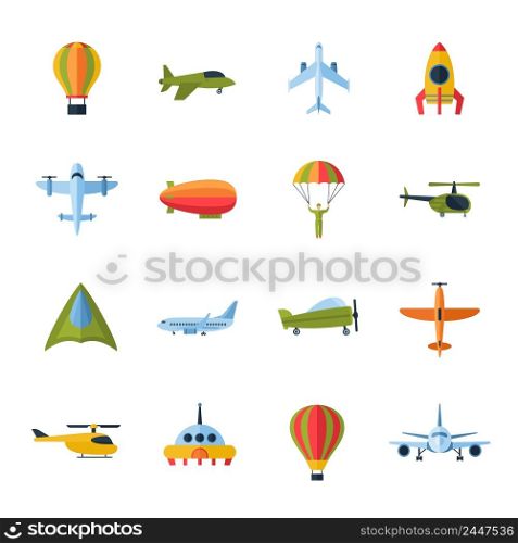 Aircraft civil and army cargo transport flat icons set with helicopter jetliner parachute abstract isolated vector illustration