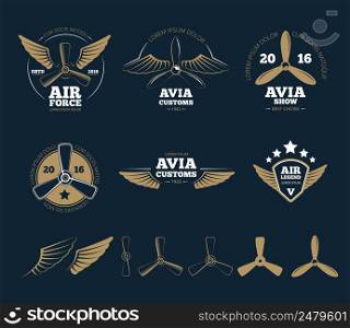 Aircraft design elements and logos. Airplane propeller, emblem or insignia, stamp flight, vector illustration. Aircraft design vector elements and logos