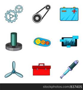 Aircraft engine icons set. Cartoon set of 9 aircraft engine vector icons for web isolated on white background. Aircraft engine icons set, cartoon style