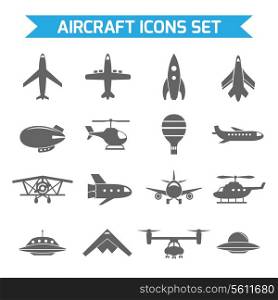 Aircraft helicopter military aviation airplane black icons set isolated vector illustration