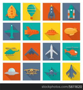 Aircraft helicopter military aviation airplane flat shadowed icons set isolated vector illustration