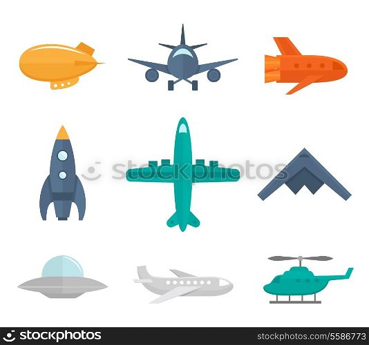 Aircraft icons flat set of zeppelin aircraft war fighter isolated vector illustration
