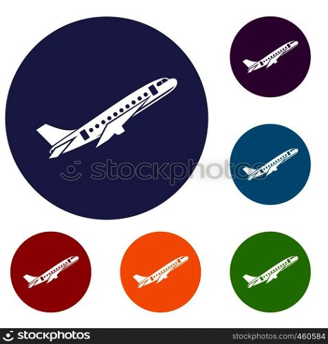 Aircraft icons set in flat circle reb, blue and green color for web. Aircraft icons set