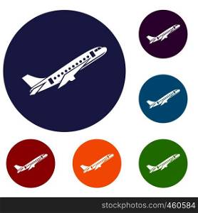 Aircraft icons set in flat circle reb, blue and green color for web. Aircraft icons set