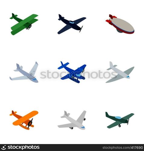 Aircraft icons set. Isometric 3d illustration of 9 aircraft vector icons for web. Aircraft icons, isometric 3d style